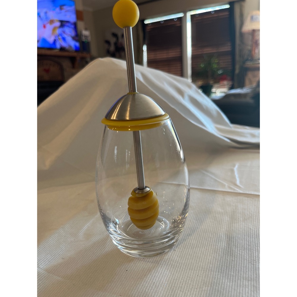 Modern Glass Honey Pot Jar with Stainless Steel Silicone Dipper Yellow Clear